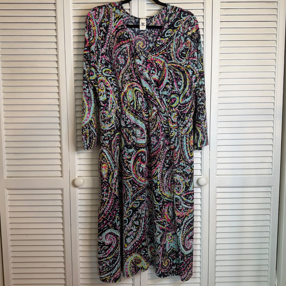 Sew In Love Womens 2X Paisley Faux Wrap Midi Dress 3/4‎ Sleeve Navy